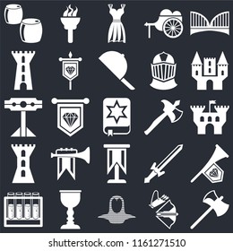 Set Of 25 icons such as Axe, Crossbow, Coif, Goblet, Alchemy, Castle, Standard, Tower, Gown, Torch on black background, web UI editable icon pack