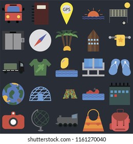 Set Of 25 icons such as Backpack, Bag, Railway, Globe, Camera, Towel, Waiting room, Swimsuit, Elevator, Gps, Notebook on black background, web UI editable icon pack