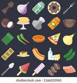 Set Of 25 icons such as Bacon, Coffee, Ice cream, Spoon, Bowl, Pizza, Hot dog, Biscuit, Coconut, Pickles, Onion on black background, web UI editable icon pack