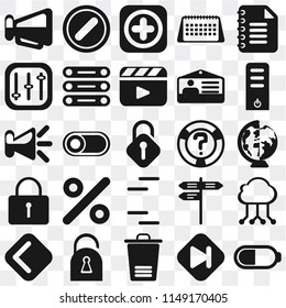 Set Of 25 icons such as Battery, Skip, Trash, Locked, Back, Server, Help, Lines, Controls, Add, Forbidden, web UI transparent icon pack, pixel perfect