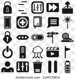 Set Of 25 icons such as Battery, Pause, Trash, Controls, User, Magic wand, Street, Cloud computing, Switch, Smartphone, Lines, web UI transparent icon pack, pixel perfect