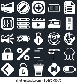 Set Of 25 icons such as Battery, Skip, Trash, Locked, Back, Server, Help, Lines, Controls, Add, Forbidden, web UI editable icon pack, pixel perfect
