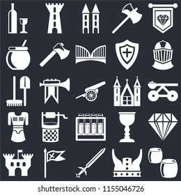 Set Of 25 icons such as Beer, Viking, Sword, Flag, Castle, Helmet, Church, Alchemy, Tunic, Cauldron, Tower, Tower on black background, web UI editable icon pack