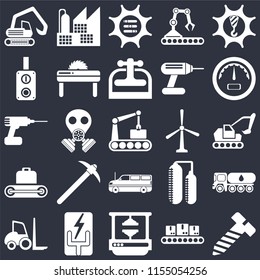 Set Of 25 Icons Such As Bolt, Conveyor, Machine Press, Electricity, Forklift, Gauge, Windmill, Cargo Truck, Switch, Options, Factory On Black Background, Web UI Editable Icon Pack