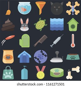 Set Of 25 icons such as Bone, Pet bed, Winner, Shampoo, Shopping bag, Birdhouse, Injection, Tennis, Cat food, Poop, Filter, Fishbowl on black background, web UI editable icon pack
