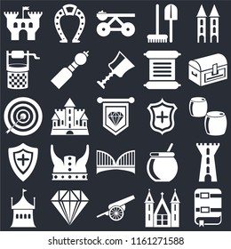 Set Of 25 icons such as Book, Church, Cannon, Jewelry, Tent, Chest, Shield, Bridge, Water well, Trebuchet, Horseshoe on black background, web UI editable icon pack