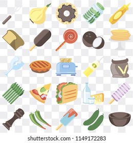 Set Of 25 icons such as Bowl, Cucumber, Ice cream, Pepper, Pancakes, Oil, Taco, Asparagus, Bread, Doughnut, Onion, web UI transparent icon pack, pixel perfect