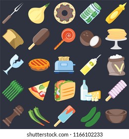 Set Of 25 icons such as Bowl, Cucumber, Ice cream, Pepper, Pancakes, Oil, Taco, Asparagus, Bread, Doughnut, Onion on black background, web UI editable icon pack