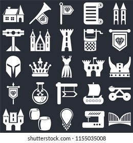 Set Of 25 icons such as Bridge, Sewing machine, Necklace, Beer, Castle, Standard, , Banner, Pillory, Fanfare on black background, web UI editable icon pack