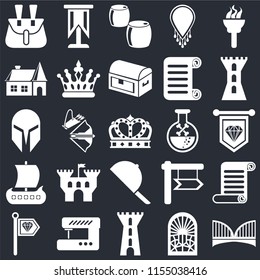 Set Of 25 icons such as Bridge, Stained glass window, Tower, Sewing machine, Standard, Poison, Hat, Viking ship, House, Beer, Standard on black background, web UI editable icon pack