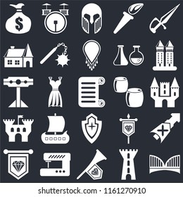 Set Of 25 icons such as Bridge, Tower, Fanfare, Sewing machine, Standard, Beer, Shield, Castle, House, Armour, Drum on black background, web UI editable icon pack