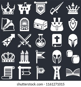 Set Of 25 icons such as Bridge, Tower, Standard, , Scroll, Shield, Bible, Flag, Crown, Crossbow, Castle on black background, web UI editable icon pack
