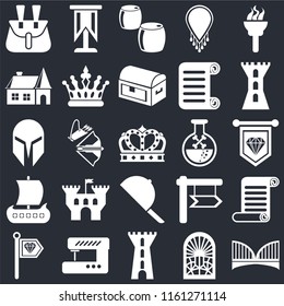 Set Of 25 icons such as Bridge, Stained glass window, Tower, Sewing machine, Standard, Poison, Hat, Viking ship, House, Beer, Standard on black background, web UI editable icon pack