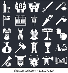 Set Of 25 icons such as Bridge, Fanfare, Drum, Standard, Axe, Pillory, Tower, Money bag, Flag, Castle, Castle on black background, web UI editable icon pack