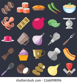 Set Of 25 icons such as Butcher, Onion, Potatoes, Coconut, Whisk, Scale, Grinder, Tea, Pepper, Octopus, Pie, Sushi on black background, web UI editable icon pack