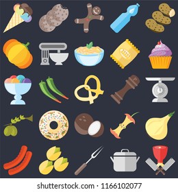 Set Of 25 icons such as Butcher, Pot, Fork, Pistachio, Sausage, Cupcake, Pepper, Coconut, Olives, Pumpkin, Gingerbread, Cookies on black background, web UI editable icon pack