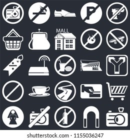 Set Of 25 icons such as Camera, Magnet, No alcohol, camera, Restroom, Skateboard, Mall, Roads, Forbidden, Shopping basket, Shoes, smoking on black background, web UI editable icon pack