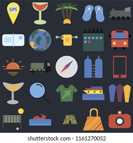 Set Of 25 icons such as Camera, Bag, Swimsuit, Water craft, Beach volleyball, Bus, Oxygen, Shirt, Cocktail, Postcards, Palm tree, Cocktail on black background, web UI editable icon pack