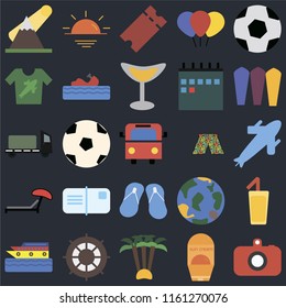 Set Of 25 icons such as Camera, Sun protection, Palm tree, Helm, Cruise, Surfing, Swimsuit, Flip flops, Sunbed, Shirt, Tickets, Sunset on black background, web UI editable icon pack
