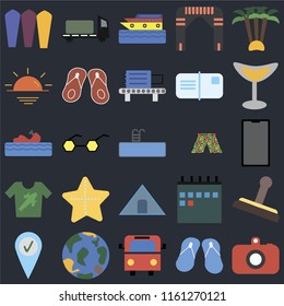 Set Of 25 icons such as Camera, Flip flops, Bus, Globe, Check in, Cocktail, Swimsuit, Tent, Shirt, Sunset, Cruise, Trailer on black background, web UI editable icon pack