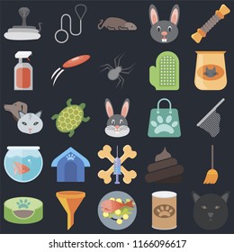 Set Of 25 icons such as Cat, Pet food, Fish Filter, bed, Cat Shopping bag, Treats, Fishbowl, Spray, Mouse, Leash on black background, web UI editable icon pack