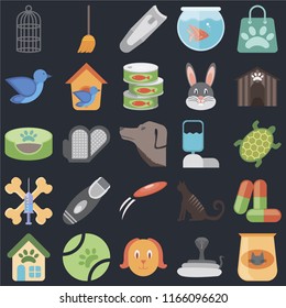 Set Of 25 icons such as Cat food, Snake, Dog, Ball, Pet shop, Kennel, Water tank, Frisbee, Treats, Bird, Nail clippers, Broom on black background, web UI editable icon pack