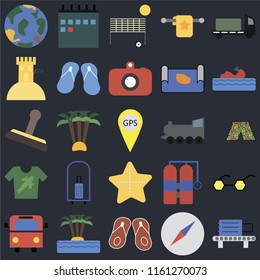 Set Of 25 icons such as Check out, Compass, Flip flops, Island, Bus, Water craft, Railway, Starfish, Shirt, Sand castle, Beach volleyball, Calendar on black background, web UI editable icon pack