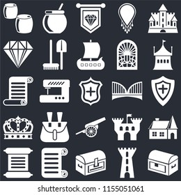 Set Of 25 icons such as Chest, Tower, Scroll, Tent, Bridge, Cannon, Crown, Jewelry, Standard, Cauldron on black background, web UI editable icon pack