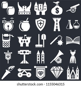 Set Of 25 icons such as Church, Jewelry, Standard, Trebuchet, Torch, Alchemy, Morning star, Tower, Banner, Drum, Castle, Viking on black background, web UI editable icon pack