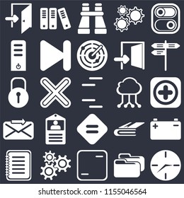 Set Of 25 icons such as Clock, Folder, Frame, Settings, Note, Street, Cloud computing, Equal, Send, Server, Binoculars, Archive on black background, web UI editable icon pack