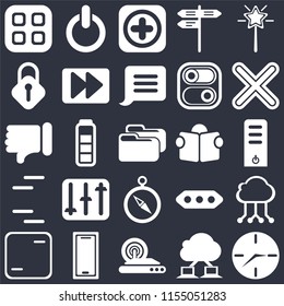 Set Of 25 icons such as Clock, Cloud computing, Wireless internet, Smartphone, Frame, Multiply, Reading, Compass, Lines, Lock, Add, Switch on black background, web UI editable icon pack