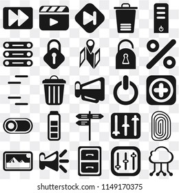 Set Of 25 icons such as Cloud computing, Controls, Archive, Speaker, Photos, Percent, Switch, Street, Database, Skip, Video player, web UI transparent icon pack, pixel perfect