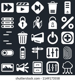 Set Of 25 icons such as Cloud computing, Controls, Archive, Speaker, Photos, Percent, Switch, Street, Database, Skip, Video player, web UI editable icon pack, pixel perfect