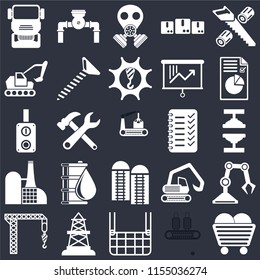 Set Of 25 icons such as Coal, Conveyor, Elevator, Oilfield, Crane, Plan, Planning, Silo, Factory, Excavator, Gas mask, Pump on black background, web UI editable icon pack