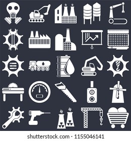 Set Of 25 icons such as Coal, Crane, Nuclear plant, Drill, Maintenance, print, Digger, Saw, Settings, Factory, Excavator on black background, web UI editable icon pack