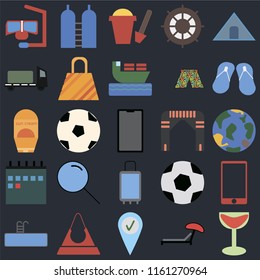 Set Of 25 icons such as Cocktail, Sunbed, Check in, Purse, Swimming pool, Flip flops, Arch, Suitcases, Calendar, Trailer, Sand bucket, Oxygen on black background, web UI editable icon pack