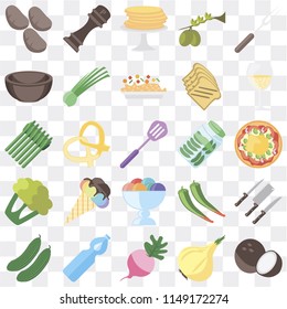 Set Of 25 icons such as Coconut, Onion, Radish, Water, Cucumber, Glass, Pickles, Ice cream, Cauliflower, Bowl, Pancakes, Pepper, web UI transparent icon pack, pixel perfect