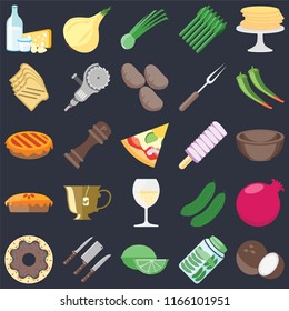Set Of 25 icons such as Coconut, Pickles, Lime, Knives, Doughnut, Pepper, Ice cream, Glass, Pie, Toast, Chives, Onion on black background, web UI editable icon pack