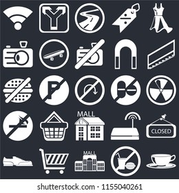 Set Of 25 icons such as Coffee cup, No food, Mall, Shopping cart, Shoes, Stairs, drugs, smoking, Camera, Roads, Junction on black background, web UI editable icon pack