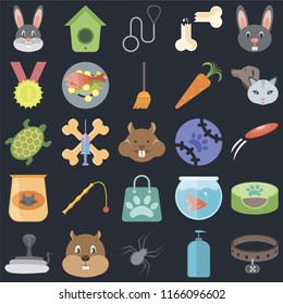 Set Of 25 icons such as Collar, Shampoo, Spider, Hamster, Snake, Pet, Tennis, Shopping bag, Cat food, Winner, Leash, Birdhouse on black background, web UI editable icon pack