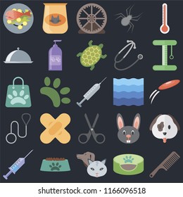 Set Of 25 icons such as Comb, Pet bed, Pet, Bowl, Syringe, Platform, Water, Scissors, Leash, Food, Hamster ball, Cat food on black background, web UI editable icon pack