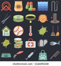 Set Of 25 icons such as Comb, Shopping bag, Injection, Frisbee, Bowl, Scratching, Turtle, First aid, Nail trimmer, Drugs, Cat food on black background, web UI editable icon pack