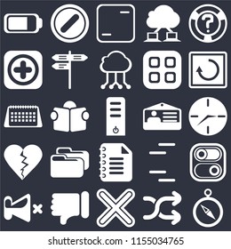 Set Of 25 icons such as Compass, Shuffle, Multiply, Dislike, Mute, Restart, Id card, Notepad, Add, Frame, Forbidden on black background, web UI editable icon pack