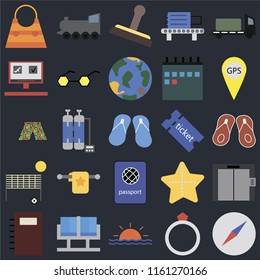 Set Of 25 icons such as Compass, Ring, Sunset, Waiting room, Notebook, Gps, Tickets, Passport, Beach volleyball, Booking, Stamp, Railway on black background, web UI editable icon pack