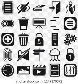 Set Of 25 icons such as Controls, Archive, Video player, Photos, Volume control, Menu, Server, Street, Fingerprint, Switch, Notebook, Hide, web UI transparent icon pack, pixel perfect