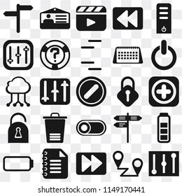 Set Of 25 icons such as Controls, Placeholders, Fast forward, Notepad, Battery, Switch, Lock, Locked, Video player, Id card, web UI transparent icon pack, pixel perfect