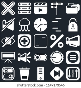 Set Of 25 icons such as Controls, Skip, Server, Trash, Switch, Locked, Percent, Television, Muted, Video player, Database, web UI editable icon pack, pixel perfect