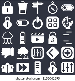 Set Of 25 icons such as Controls, Unlocked, Server, Fast forward, Reading, Worldwide, Locked, Dislike, Lock, Street, Trash on black background, web UI editable icon pack