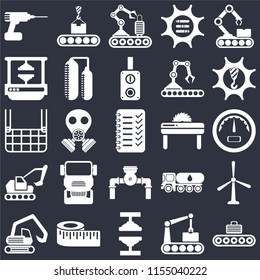 Set Of 25 icons such as Conveyor, Machine press, Measure, Digger, Machinery, Saw, Pump, Excavator, Conveyor on black background, web UI editable icon pack