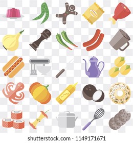 Set Of 25 icons such as Cookies, Whisk, Pot, Apple, Sushi, Mug, Teapot, Mustard, Octopus, Onion, Gingerbread, Peas, web UI transparent icon pack, pixel perfect